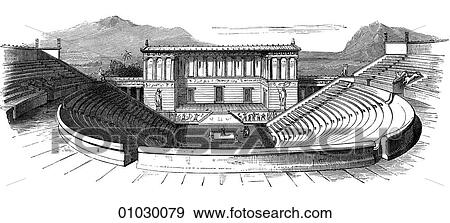 Stock Illustration - Architecture - Ancient Greece - line art Perspective Illustration Classical A view of Theatre at Segesta, Sicily. . Fotosearch