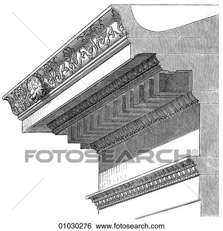Stock Illustration - Architecture - Ancient Greece - line art Detail Classical Ionic entablature with egg-and-tongue moldings and details. Temple of Athene (Minerva) at Priene. The Ionic order of Greek architecture is characterized by column with scroll shapes on either sid. Fotosearch