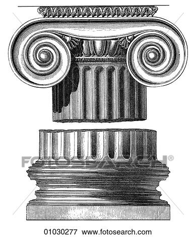 Stock Illustration - Architecture - Ancient Greece - line art Detail Classical Ionic capital and base. The Ionic order of Greek architecture is characterized by columns with scroll shapes on either side of the capital (the capital is the top of the column). Ionic capital (t. Fotosearch