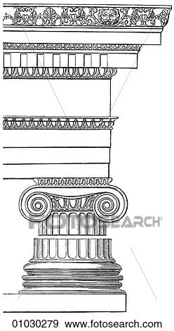 Stock Illustration - Architecture - Ancient Greece - line art Detail (base, capital & entablature) Classical Ionic order. Temple of Athene (Minerva) at Priene. The Ionic order of Greek architecture is characterized by column with scroll shapes on either side of the capital. Fotosearch