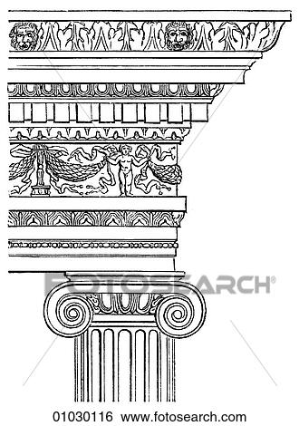 Stock Illustration - Architecture - Ancient Rome - line art Detail Greco - Roman Architecture. Roman-Ionic order. Temple of Fortuna virilis. The Ionic order of Greek architecture is characterized by column with scroll shapes on either side of the capital (the capital is the. Fotosearch