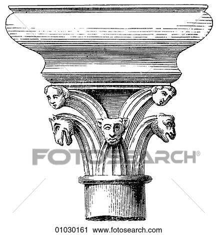 Architecture - Austria - line art Detail Romanesque Style Capital (The head of a pillar or column) From a church at Vienna, Austria. Transition Style. Romanesque - a style of architecture prevalent in Europe from the 10th to early 13th century character View Large Illustration Clip Art - Architecture - Austria - line art Detail Romanesque Style Capital (The head of a pillar or column) From a church at Vienna, Austria. Transition Style. Romanesque - a style of architecture prevalent in Europe from the 10th to early 13th century character. Fotosearch