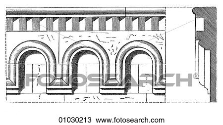 Drawing - Architecture - Austria - line art Detail Romanesque Corbel Table from the Church at Schsngrabern. Romanesque - a style of architecture prevalent in Europe from the 10th to early 13th century characterized by massive vaulting and round arches. Middle Age. Fotosearch