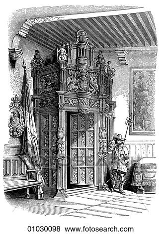 Stock Illustration - Architecture - Belgian - line art Belgian and German Architecture of the 16th. and 17th. Centuries. Entrance in the Council. Hall at Oudenaarde. Wood carving by Paul van der Schelden. About 1530.. Fotosearch