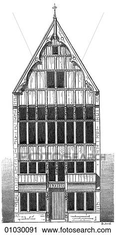 Architecture - Belgium - line art Elevation Half-Timbered House at Mechlin, probably that of a prosperous Flemish merchant. View Large Illustration Clip Art - Architecture - Belgium - line art Elevation Half-Timbered House at Mechlin, probably that of a prosperous Flemish merchant.. Fotosearch