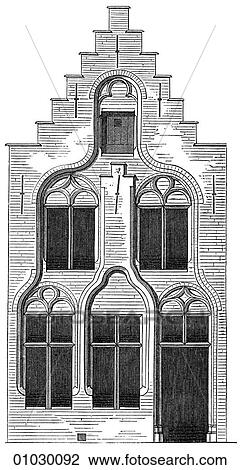 Drawing - Architecture - Belgium - line art Belgian and German Architecture of the 16th. and 17th. Centuries. House at Bruges. 16th. Century.. Fotosearch