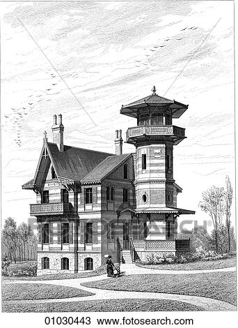 Drawing - Architecture - Belgium - line art Perspective Illustration Villa near Namur Belgium. Fotosearch