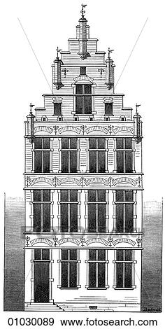 Stock Illustration - Architecture - Belgium - line art Belgian and German Architecture of the 16th. and 17th. Centuries. House at Antwerp. About 1580.. Fotosearch