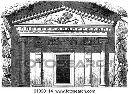 Architecture Elevation Illustration Greco - Roman Architecture. Facade of Tomb at Myra, c. 400 BC This ancient city is located on the Mediterranean coast of southwestern Turkey. This is one of many tombs and sepulchers sculpted out of the rock on the ci View Large Illustration Stock Illustration - Architecture Elevation Illustration Greco - Roman Architecture. Facade of Tomb at Myra, c. 400 BC This ancient city is located on the Mediterranean coast of southwestern Turkey. This is one of many tombs and sepulchers sculpted out of the rock on the ci. Fotosearch