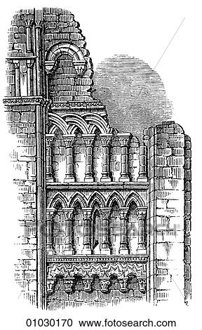 Clipart - Architecture - England - line art Perspective Illustration Gothic Transition Blind Arcades, Abbey Church at Croydon, England. Middle Ages, medieval, English, exterior,. Fotosearch