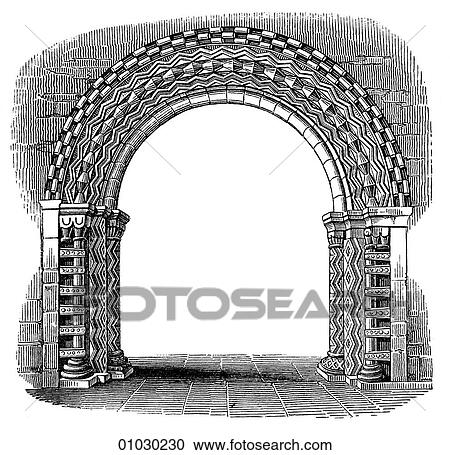 Clipart - Architecture - England - line art Detail Romanesque Arch in the Church at Stoneleigh. Romanesque - a style of architecture prevalent in Europe from the 10th to early 13th century characterized by massive vaulting and round arches. Middle Ages, medieval. Fotosearch
