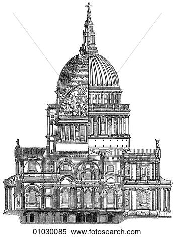 Stock Illustration - Architecture - England - line art Elevation Section Restoration St. Paul`s Cathedral, London, built 1675-1710 by Christopher Wren (1632-1723). Construction began in the year Jacob Van Ruisdael painted his "Jewish Cemetery". The architect was an accom. Fotosearch