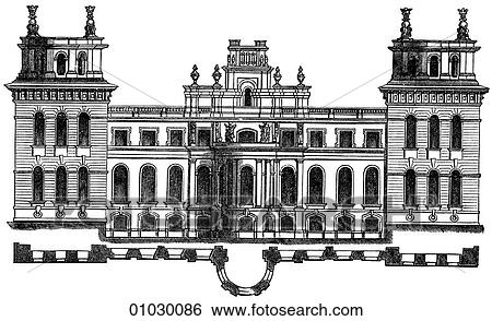 Architecture - England - line art Elevation Baroque Blenheim Palace, the lesser garden front by Sir John Vanbrugh (1666-1726). The palace was built as a gift from a grateful nation to John Churchill, the first Duke of Malborough who defeated the French View Large Illustration Stock Illustration - Architecture - England - line art Elevation Baroque Blenheim Palace, the lesser garden front by Sir John Vanbrugh (1666-1726). The palace was built as a gift from a grateful nation to John Churchill, the first Duke of Malborough who defeated the French. Fotosearch