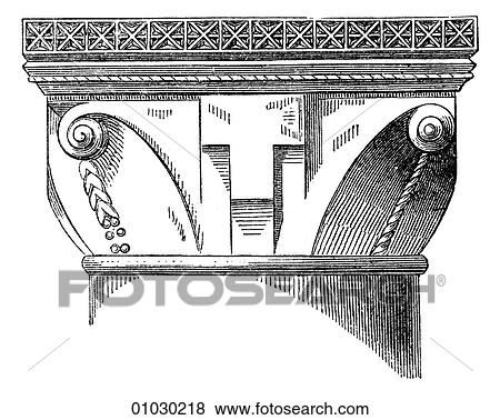 Stock Illustration - Architecture - England - line art Detail Romanesque/Norman Capital in the White Tower of the Tower of London. William The Conqueror had the tower built on the north bank of the Thames to help control the local population after the Norman Conquest in 106. Fotosearch