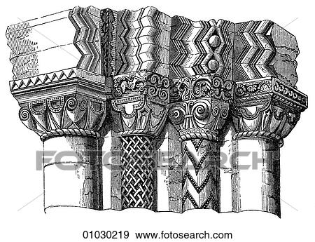 Architecture - England - line art Detail Romanesque Capitals (the top of a column) from St. Peter at Northampton. Romanesque - a style of architecture prevalent in Europe from the 10th to early 13th century characterized by massive vaulting and round a View Large Illustration Stock Illustration - Architecture - England - line art Detail Romanesque Capitals (the top of a column) from St. Peter at Northampton. Romanesque - a style of architecture prevalent in Europe from the 10th to early 13th century characterized by massive vaulting and round a. Fotosearch