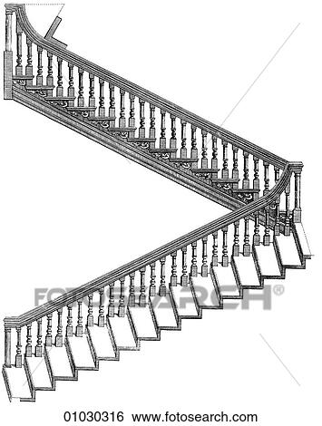 Stock Illustration - Architecture - England - line art Detail Victorian Wooden staircase, c. 1875. Fotosearch