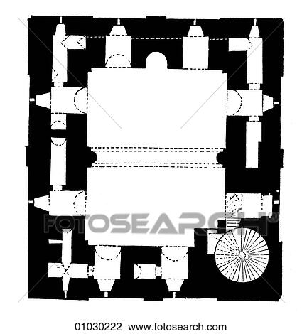 Drawing - Architecture - England - line art (x3) Plan Romanesque/Norman Floor Plan, 2nd Story of Hedingham Castle c. 1100, Essex in eastern England, north of the River Thames. William The Conqueror, King of Normandy, invaded England in 1066, defeating the force. Fotosearch