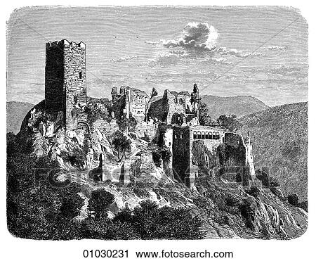 Clip Art - Architecture - France - line art Perspective Illustration Romanesque Ruins of the Castle St. Ulrich near Rappoltsweiler, now RibeauvillZ, in the Alsace region of France. Romanesque - a style of architecture prevalent in Europe from the 10th to early 13. Fotosearch