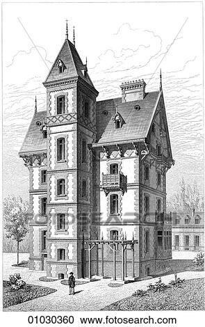 Clipart - Architecture - France - line art Perspective Illustration Victorian Villa near Houlgate in the Calvados region of northern France.. Fotosearch