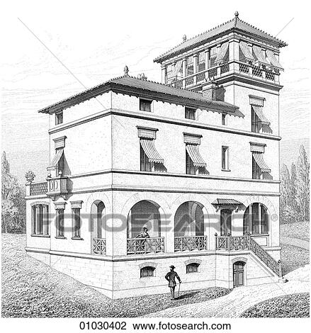 Drawing - Architecture - France - line art Perspective Illustration Villa at Aulnaye on the Seine.. Fotosearch