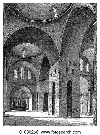 Stock Illustration - Architecture - France - line art France c. 1100 Romanesque Style Interior of St. Front at Perigueux. Romanesque - a style of architecture prevalent in Europe from the 10th to early 13th century characterized by massive vaulting and round arches.. Fotosearch