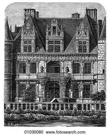 Clipart - Architecture - France - line art French and Spanish Architecture of the 16th. and 17th. Centuries. Ch%teau de Chenonceaux. Built 1515-1523.. Fotosearch
