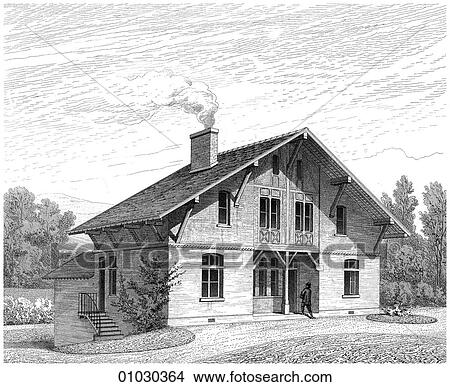 Stock Illustration - Architecture - France - line art (l3) Perspective Illustration A gardener`s cottage on the lower part of the Seine.. Fotosearch
