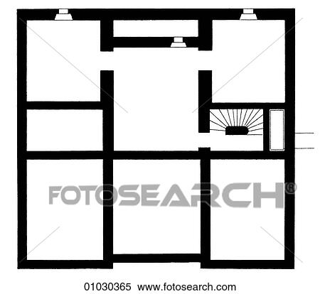 Stock Illustration - Architecture - France - line art (l3) Plan A gardener`s cottage on the lower part of the Seine. The cellar floor plan. Fotosearch