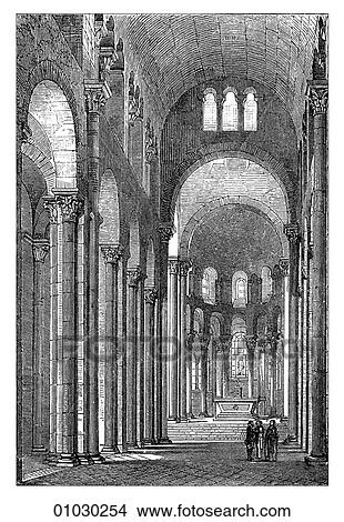 Stock Illustration - Architecture - France - line art (n3) Perspective Romanesque Interior of Notre Dame du Port at Clermont c. 1100-1200 Romanesque - a style of architecture prevalent in Europe from the 10th to early 13th century characterized by massive vaulting and round. Fotosearch