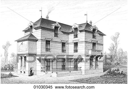 Stock Illustration - Architecture - France - line art (rr3) A Villa at S_vres near Paris. S_vres was a suburb of Paris where elegant and rare porcelain was manufactured in a factory established by Louis XV and his mistress Madame Pompadour. Its distinctive color was named in. Fotosearch