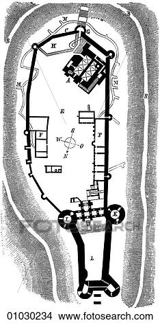 Stock Illustration - Architecture - France - line art Site Plan Romanesque Ch%teau of Arques in northwestern France near Dieppe Romanesque - a style of architecture prevalent in Europe from the 10th to early 13th century characterized by massive vaulting and round arches. . Fotosearch