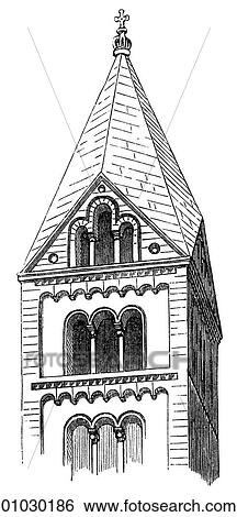 Stock Illustration - Architecture - France - line art Perspective Illustration Romanesque Upper part of Tower of the Cathedral at Spires. Romanesque - a style of architecture prevalent in Europe from the 10th to early 13th century characterized by massive vaulting and rou. Fotosearch