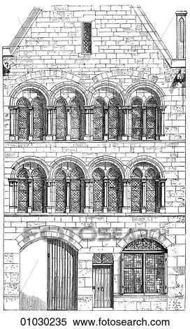 Architecture - France - line art Elevation Romanesque House (probably that of a merchant) at Amiens in northern France, in the valley of the River Somme. Romanesque - a style of architecture prevalent in Europe from the 10th to early 13th century chara View Large Illustration Stock Illustration - Architecture - France - line art Elevation Romanesque House (probably that of a merchant) at Amiens in northern France, in the valley of the River Somme. Romanesque - a style of architecture prevalent in Europe from the 10th to early 13th century chara. Fotosearch