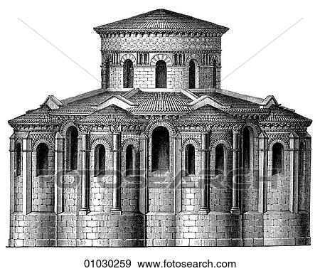 Stock Illustration - Architecture - France - line art Elevation Romanesque Elevation showing the choir of Notre Dame du Port at Clermont c. 1150 Romanesque - a style of architecture prevalent in Europe from the 10th to early 13th century characterized by massive vaulting and. Fotosearch