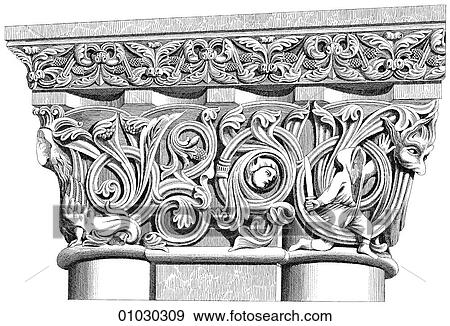 Stock Illustration - Architecture - France - line art Details Romanesque A capital from Notre Dame De Ch%lons Sur Marne gallery - porch side face Romanesque - a style of architecture prevalent in Europe from the 10th to early 13th century characterized by massive vaulting an. Fotosearch
