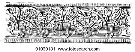 Clip Art - Architecture - German - line art Detail Romanesque Frieze from the Church at Denkendorf. Romanesque - a style of architecture prevalent in Europe from the 10th to early 13th century characterized by massive vaulting and round arches Middle Ages, mediev. Fotosearch