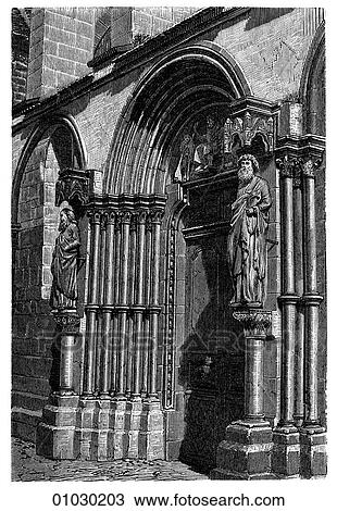 Drawing - Architecture - Germany - line art (cc3) Detail Gothic/Romanesque Doorway of the Church of Sts. Peter and Paul, Neuweiler Romanesque - a style of architecture prevalent in Europe from the 10th to early 13th century characterized by massive vaulting and. Fotosearch