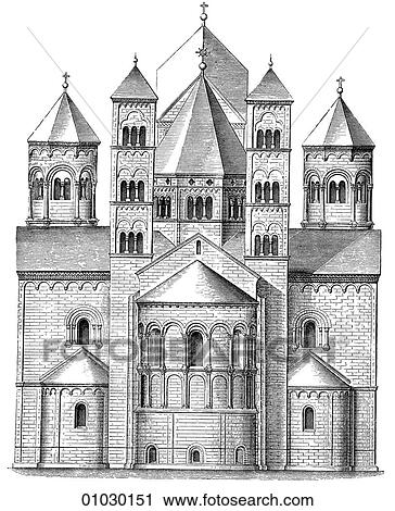 Architecture - Germany - line art Perspective Illustration Romanesque Abbey Church at Laach. Eastern Elevation. 1093-1156. Romanesque - a style of architecture prevalent in Europe from the 10th to early 13th century characterized by massive vaulting and View Large Illustration Clip Art - Architecture - Germany - line art Perspective Illustration Romanesque Abbey Church at Laach. Eastern Elevation. 1093-1156. Romanesque - a style of architecture prevalent in Europe from the 10th to early 13th century characterized by massive vaulting and. Fotosearch