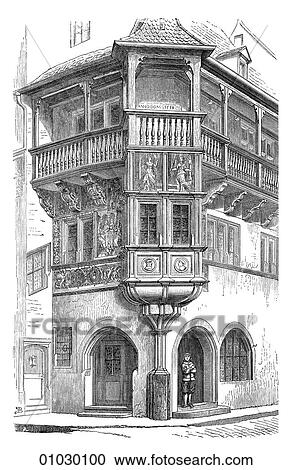 Clipart - Architecture - Germany - line art Perspective Illustration A house at Colmar, now in northeastern France in the much contested Alsace region along the Rhine River valley, c. 1550. When this house was built the area was in what we would have considered Ge. Fotosearch