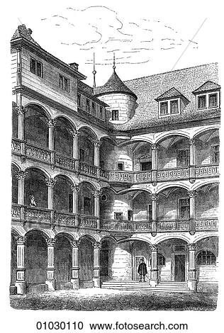 Clipart - Architecture - Germany - line art Perspective Illustration Northern Renaissance Court of the old Castle at Stuttgart, begun in 1553. In the year construction began, the renowned Italian Renaissance architect, Andrea Palladio began the Villa Pisana. The. Fotosearch