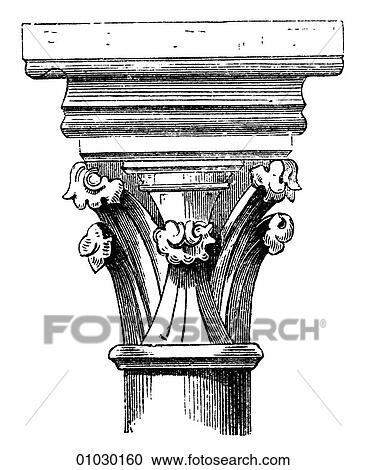 Clipart - Architecture - Germany - line art Detail Romanesque Transition Capital. Cathedral at Magdeburg. Romanesque - a style of architecture prevalent in Europe from the 10th to early 13th century characterized by massive vaulting and round arches. A cathedra. Fotosearch