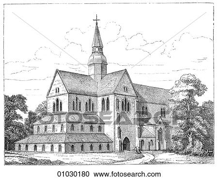 Clipart - Architecture - Germany - line art Perspective Illustration Romanesque Church of the Cistercians near Brunswick. The Cistercians were a monastic order founded in 1098, who proscribed all art and decoration inevitably leading to leading to a particular an. Fotosearch