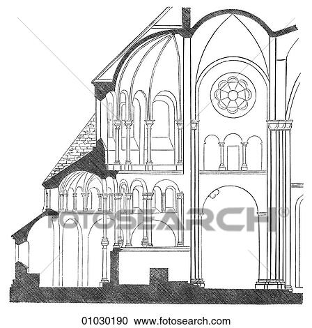 Clipart - Architecture - Germany - line art Section Romanesque Transition Abbey Church at Heifterbach, Germany: 1202-1233. Romanesque - a style of architecture prevalent in Europe from the 10th to early 13th century characterized by massive vaulting and round ar. Fotosearch