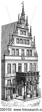 Drawing - Architecture - Germany - line art Perspective Illustration Northern Renaissance City Wine-House at MYnster. About 1615. The Renaissance -- the revival of arts and literature under the influence of classical (Greek & Roman) models in the 14th - 16th centu. Fotosearch