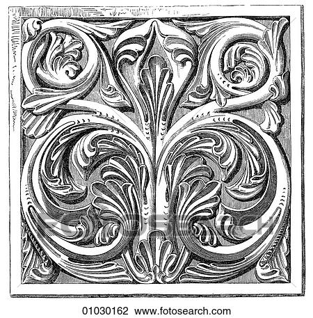 Drawing - Architecture - Germany - line art Detail Romanesque Ornament from the Schwarz-Rheindorf. Romanesque - a style of architecture prevalent in Europe from the 10th to early 13th century characterized by massive vaulting and round arches Middle Ages, mediev. Fotosearch
