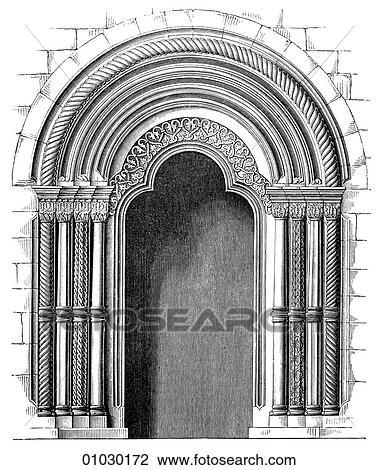 Drawing - Architecture - Germany - line art Detail Gothic/Renaissance Doorway from the Church of St. Killian at Heilbronn. The Renaissance -- the revival of arts and literature under the influence of classical (Greek & Roman) models in the 14th - 16th centuries. . Fotosearch
