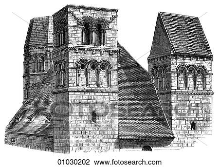 Architecture - Germany - line art Perspective Detail Romanesque Towers of St. Fides at Schlettstadt c. 1150 Romanesque - a style of architecture prevalent in Europe from the 10th to early 13th century characterized by massive vaulting and round arches. View Large Illustration Drawing - Architecture - Germany - line art Perspective Detail Romanesque Towers of St. Fides at Schlettstadt c. 1150 Romanesque - a style of architecture prevalent in Europe from the 10th to early 13th century characterized by massive vaulting and round arches.. Fotosearch