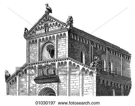 Stock Illustration - Architecture - Germany - line art (ee3) Perspective Detail Romanesque Upper part of the Facade of the Church at Rosheim. Romanesque - a style of architecture prevalent in Europe from the 10th to early 13th century characterized by massive vaulting and. Fotosearch