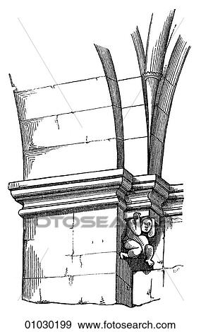 Stock Illustration - Architecture - Germany - line art (ee3) Detail Romanesque Pier Cornice in the Church at Rosheim Romanesque - a style of architecture prevalent in Europe from the 10th to early 13th century characterized by massive vaulting and round arches. Middle Ages,. Fotosearch