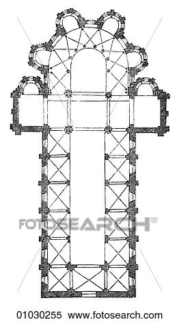 Stock Illustration - Architecture - Germany - line art (n3) Plan Romanesque Floor Plan of Notre Dame du Port at Clermont Romanesque - a style of architecture prevalent in Europe from the 10th to early 13th century characterized by massive vaulting and round arches. c. 1100-1. Fotosearch